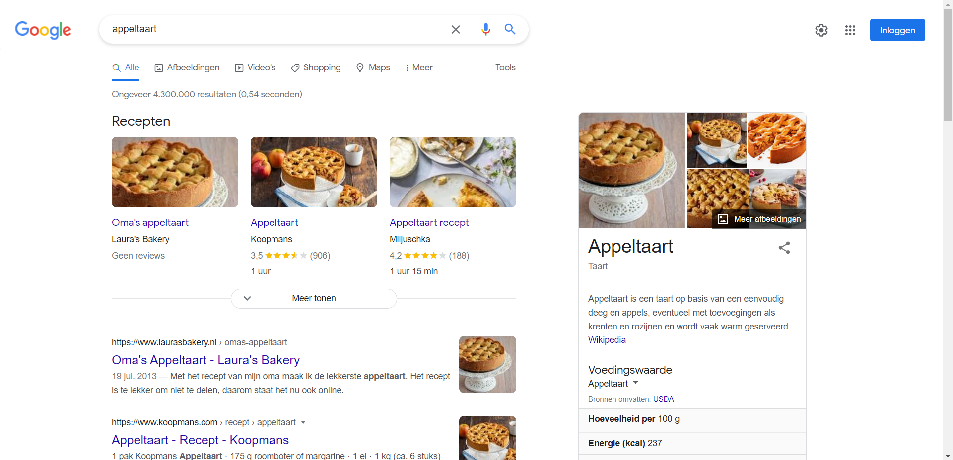 SERP bij het zoekwoord appeltaart