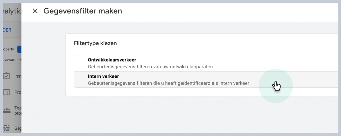 Kies voor het filtertype ‘Intern verkeer - Gebeurtenisgegevens filteren die u heeft geïdentificeerd als intern verkeer ’.