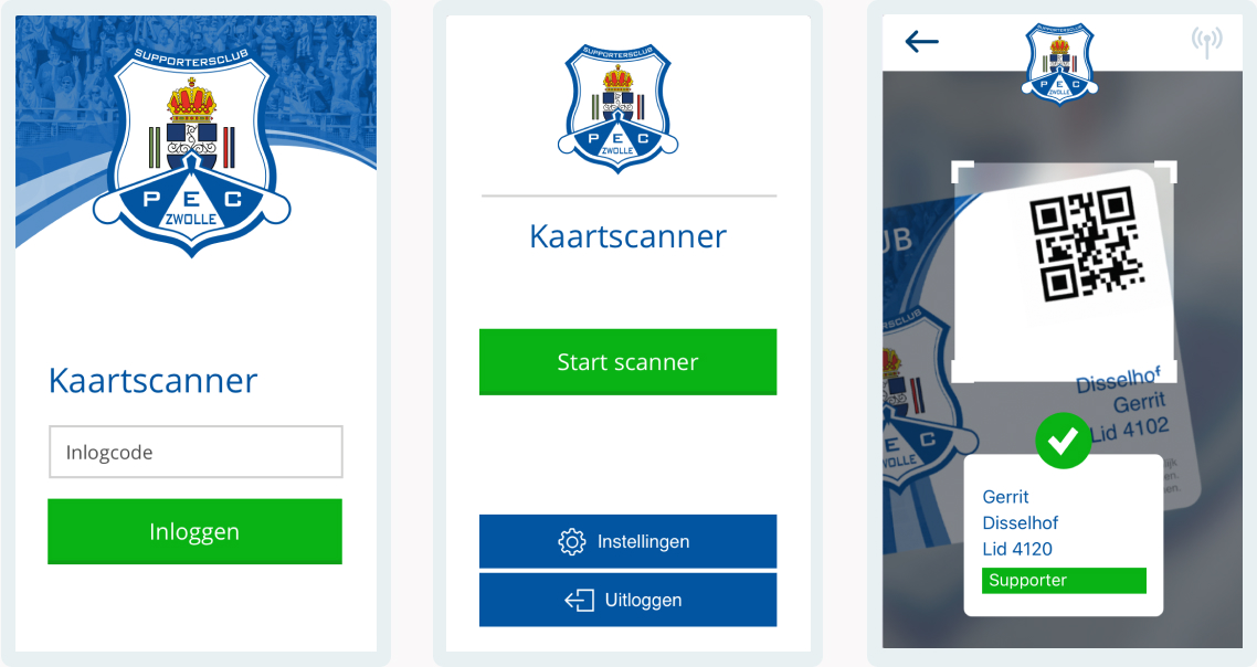 Schermen scanapp voor Supportersvereniging PEC Zwolle