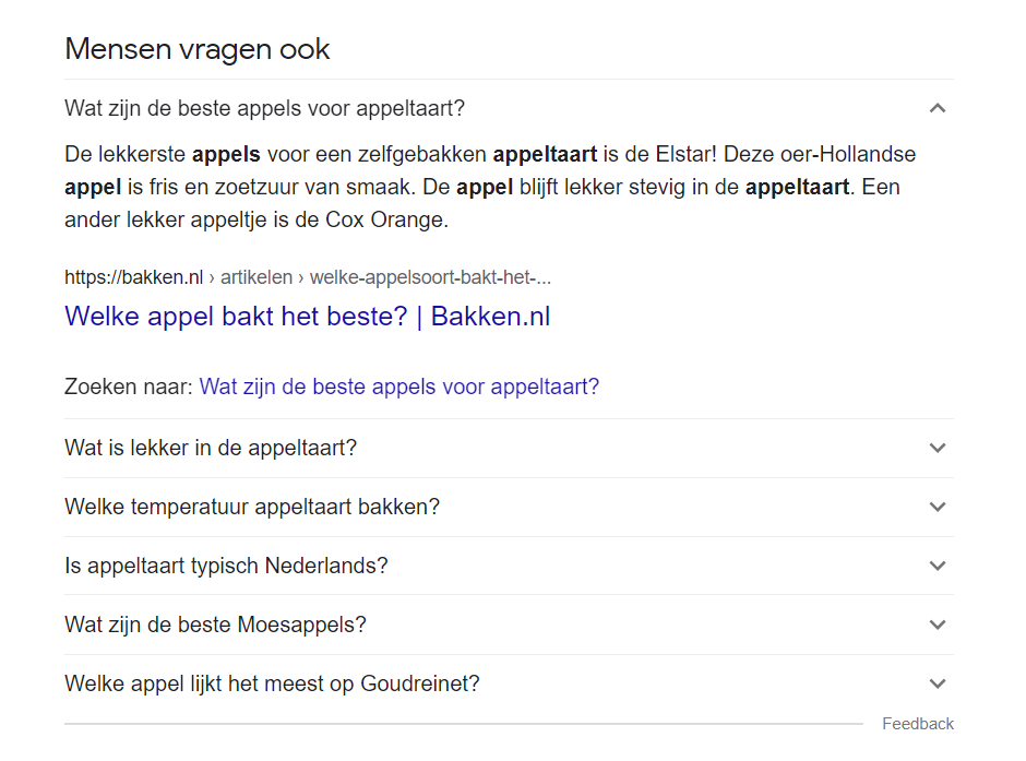 Mensen vragen ook - gedeelte binnen SERP voor appeltaart